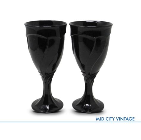 Pair Of Black Glass Water Goblets By Noritake 1985 Vintage Glassware