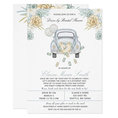 Drive By Bridal Shower Watercolor Floral Blue Car Invitation Floral