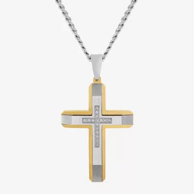 Mens 1 10 CT T W Natural White Diamond Stainless Steel Cross Pendant