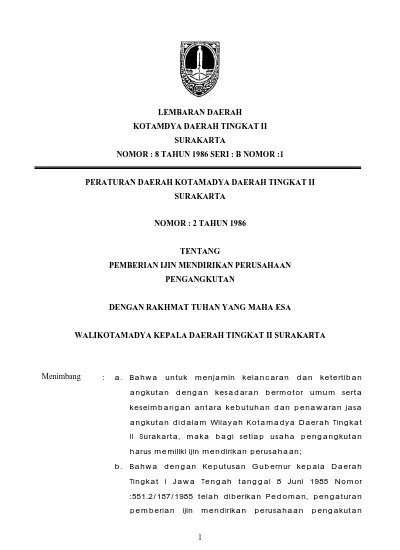 Lembaran Daerah Kotamdya Daerah Tingkat Ii Surakarta Nomor Tahun