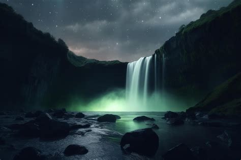 Premium AI Image | A waterfall in the night with a green light on it