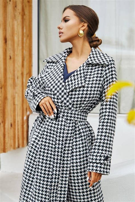 Houndstooth Coat Womens Long Wool Coat Belted Wool Coat For Etsy