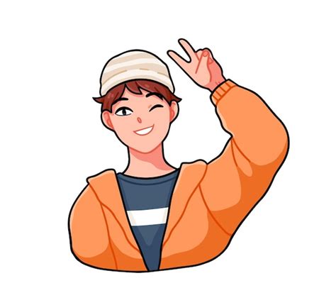 Premium Vector Cheerful Anime Boy Wink And Giving A V Sign Happy