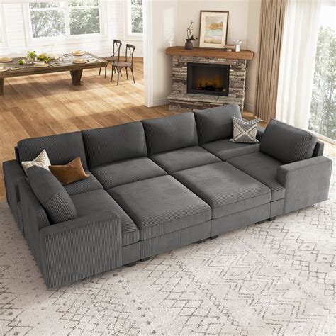 HONBAY Faux Leather Convertible Sleeper Couch Modular Sectional Sofa for Living Room and Bedroom ...