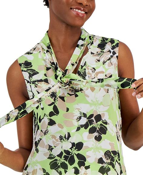 Anne Klein Womens Printed Sleeveless Tie Neck Top Macys