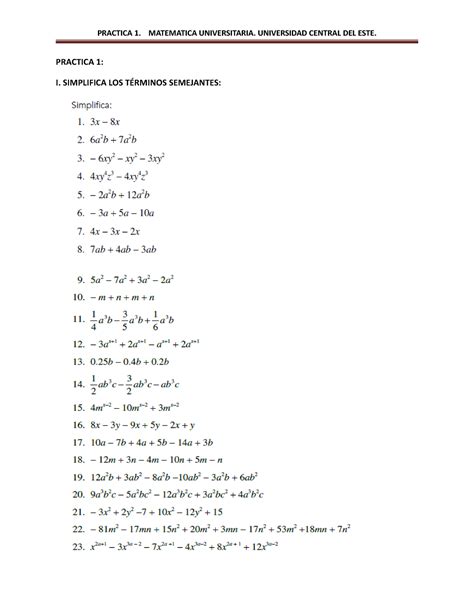 Practica 1 75 PRACTICA 1 I SIMPLIFICA LOS TÉRMINOS SEMEJANTES II