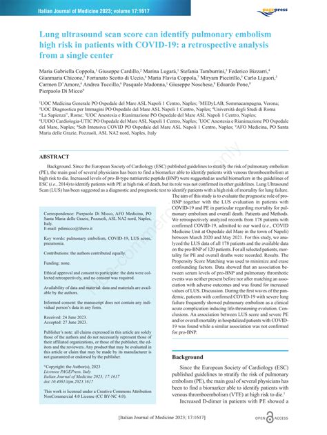 PDF Lung Ultrasound Scan Score Can Identify Pulmonary Embolism High