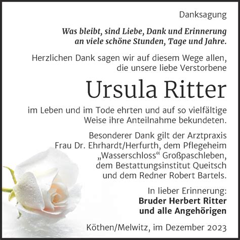 Traueranzeigen Von Ursula Ritter Abschied Nehmen De