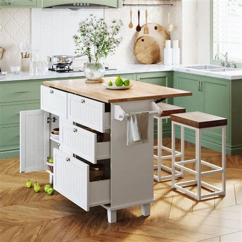 White Kitchen Island Trolley With Dining Set Storage Rolling Table