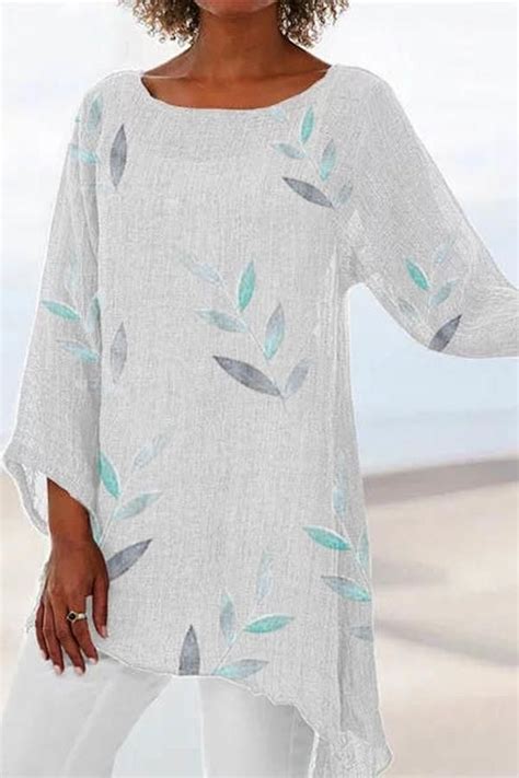 Leaf Printed Sleeves Irregular T Shirts Shopingnova