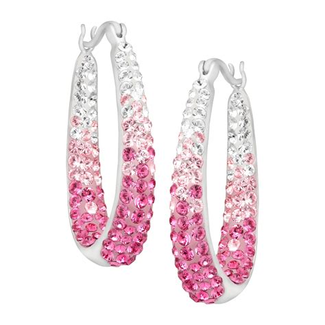 Oval Hoop Earrings With Pink Swarovski Crystals In Sterling Silver W