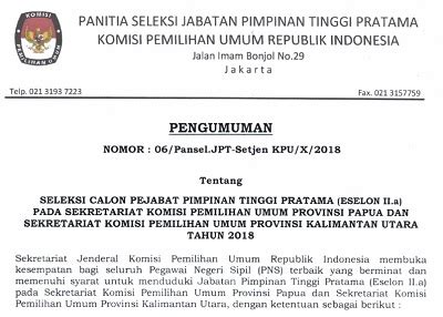 Pengumuman Seleksi Calon Pejabat Eselon Ii A Sekretariat Kpu Provinsi