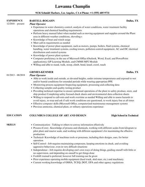 Plant Operator Resume Sample