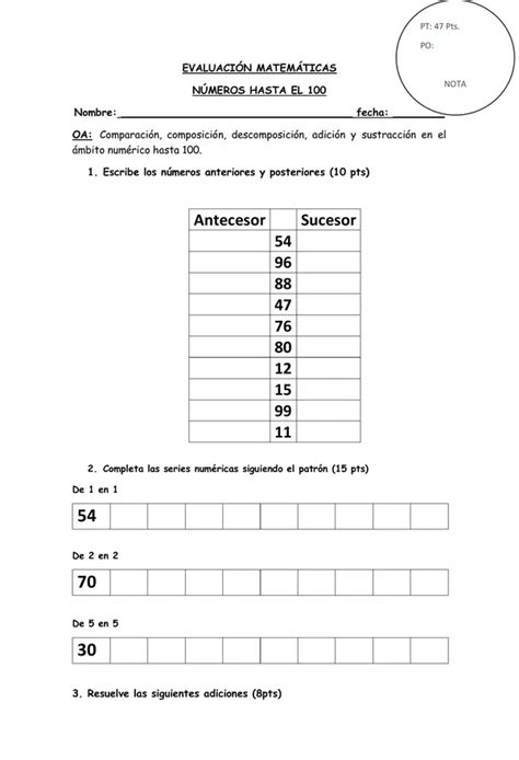 Evaluación Números Hasta el 100 profe social