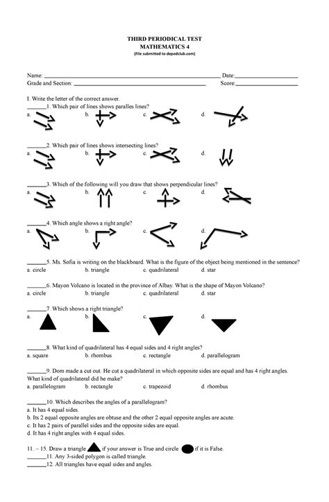 Pt Mathematics 4 Q3 Periodic Test Third Periodical Test Mathematics 4 File Submitted To