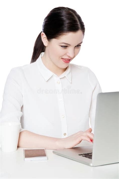 Portrait Of Happy Successful Attractive Brunette Businesswoman In White