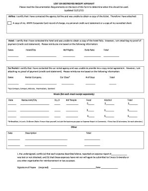 Fillable Online Finance Emory Lost Or Destroyed Receipt Affidavit