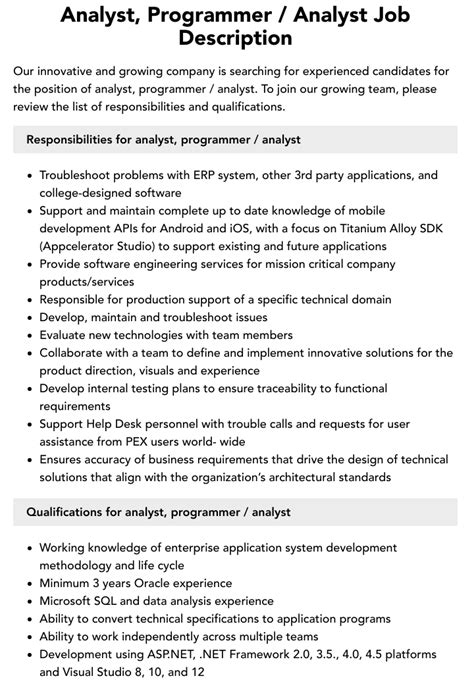 Analyst Programmer Analyst Job Description Velvet Jobs