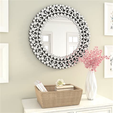 SHYFOY Jeweled Accent Wall Mirror 33 85 Inches Round Sparkly Decorative