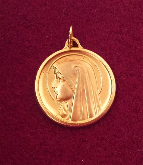 Vintage French Virgin Mary Religious Medal Gold Metal Mary Catholic