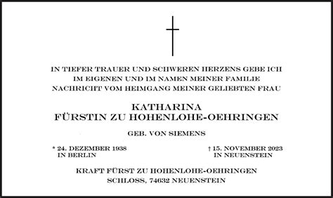 Katharina Fürstin zu Hohenlohe Oehringen 1938 2023 Gothanjou