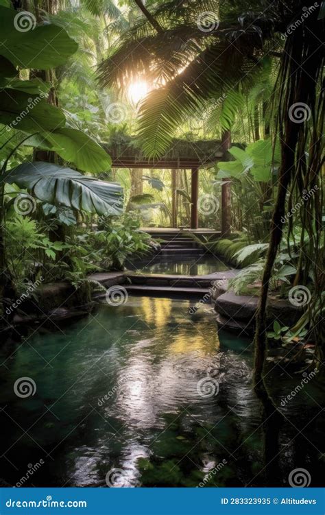Serene Natural Hot Spring Surrounded By Lush Greenery Stock Illustration Illustration Of