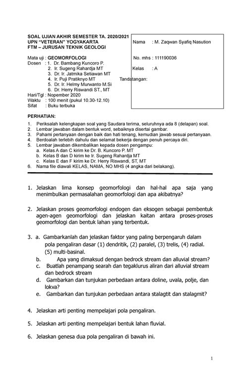 0 0 3 0 0 Jawaban UTS Geomorfologi A SOAL UJIAN AKHIR SEMESTER TA