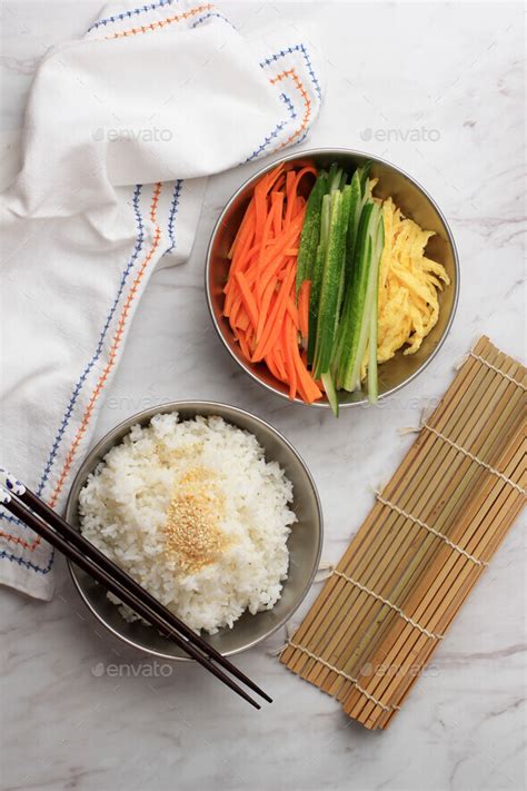 Top View Composition of Kimbap (Gimbap) Ingredients, Korean Rice Roll on White Marble Table ...