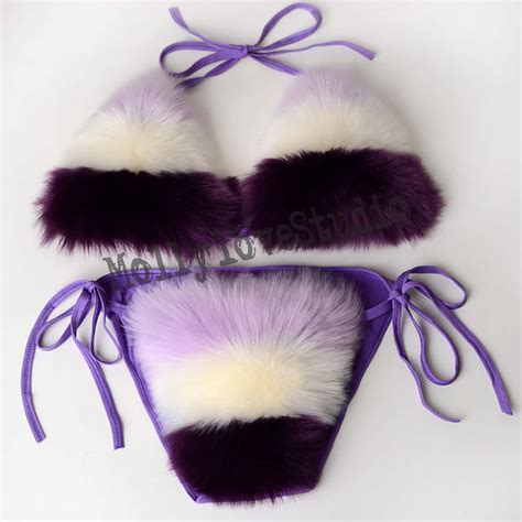 Multi Color Real Fox Fur Bikini Set One Size Strap Adjusted Etsy