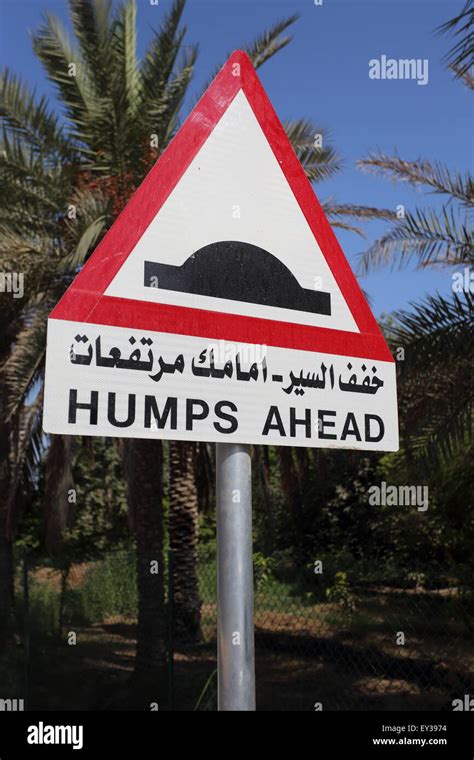 A Road Sign In Arabic And English Warning Motorists Of Speed Humps