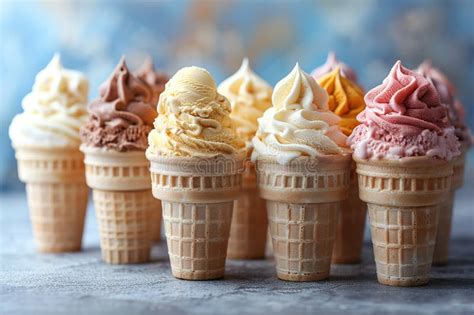 Variety Of Ice Cream Scoops In Cones With Chocolate Vanilla And