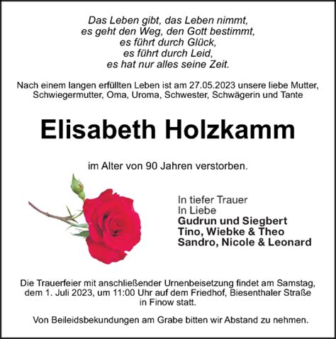 Traueranzeigen von Elisabeth Holzkamm Märkische Onlinezeitung