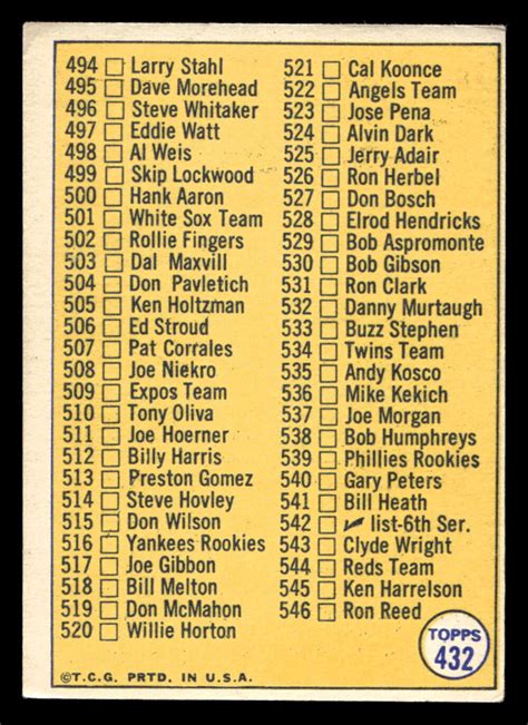 1970 Topps 432 5th Series Checklist 460 546 Yellow Baseball Excellent