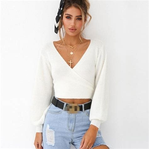 New Autumn Short Sweater Women Crop Top Sexy V Neck Wrap Back Lace Up