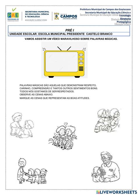 Valores Activity For PrÉ I Live Worksheets