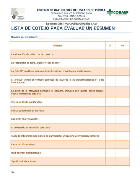 Lista De Cotejo Instrumento Para Evaluar Actividades De Grupo Lista