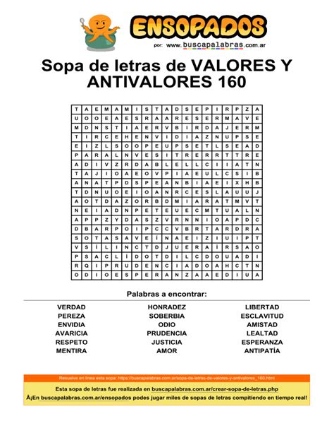 Sopa De Letras De Valores Y Antivalores 160