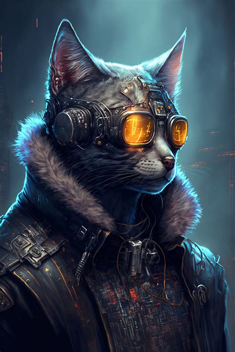 Künstlerische Illustration | Futuristic cyberpunk style cat | Europosters