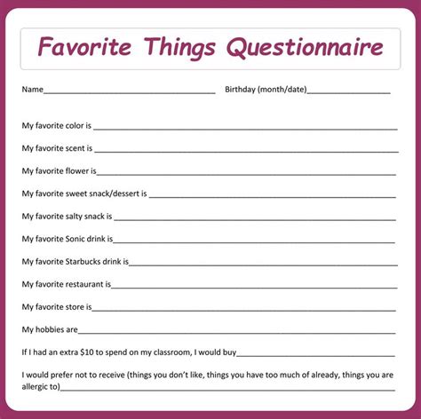 My Favorite Things Printable