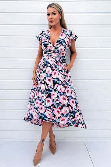 Buy Ax Paris Pink Floral Print Short Sleeve Belted Wrap Midi Dress From