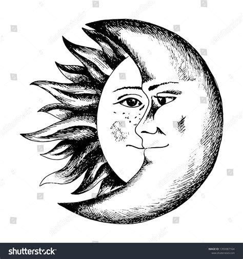 Sun Moon Faces Sketch Medieval Engraving เวกเตอร์สต็อก ปลอดค่า