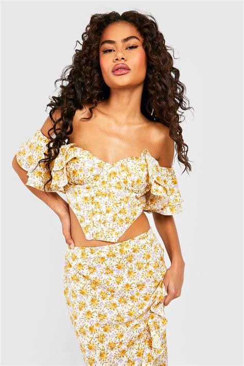 Womens Floral Ruffle Sleeve Off The Shoulder Corset Top Boohoo Uk