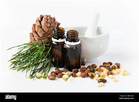 Natural Product Concept Composition Of Glass Bottles With Oil Cedar