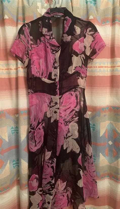 Vtg Betsey Johnson S Sheer Black Pink Floral Dress Gem