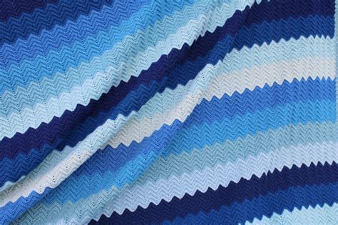 Blue Waves Ripple Crochet Striped Afghan Vintage Crocheted Wool Blanket