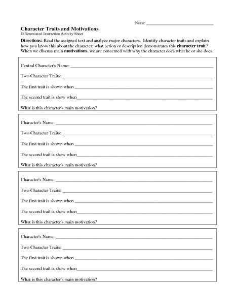 Character Traits And Motivations Worksheet For 5th 7th Grade Lesson