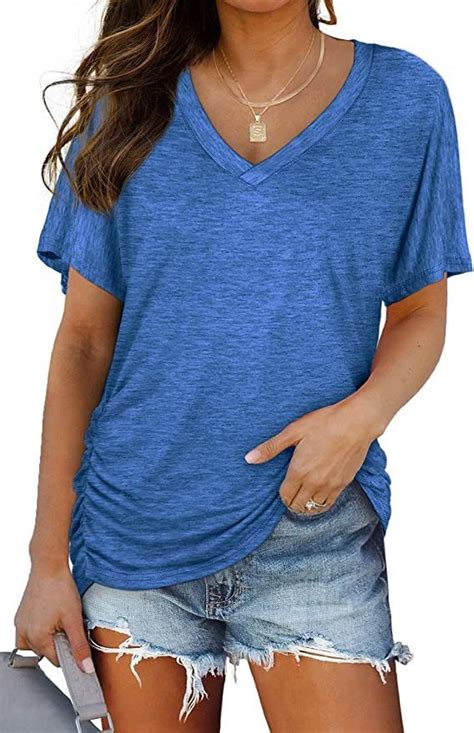 Wiholl Womens Short Sleeve V Neck Dolman Tops With Side Shirring Loose Fit Shirts Loose Fit