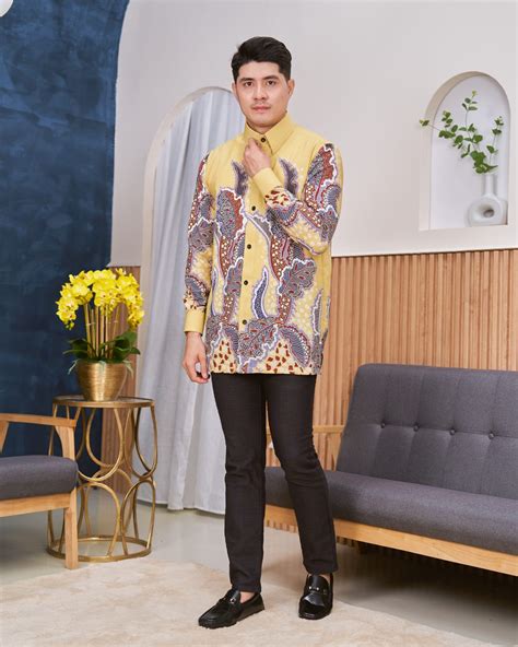 Kemeja Batik Sultan Kristal Creamy Mustard Kualiti Designer Harga Luarbiasa