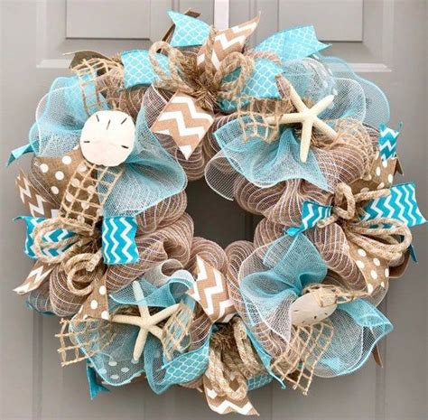 Beach Wreath Burlap Deco Mesh Wreath With Seashells Nautical Wreath