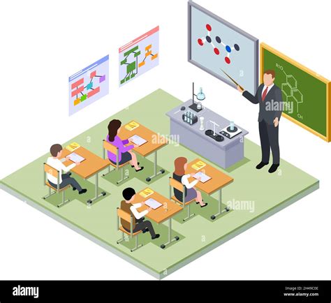 School Lesson Isometric Concept Teacher Children At Desks At